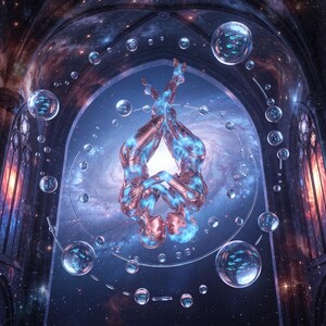 May include: A digital artwork depicting two intertwined figures with metallic blue and copper skin tones floating in a cosmic cathedral. The scene features glowing nebulae, swirling galaxies, and transparent bubbles containing small fish.