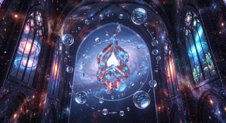 May include: A digital artwork depicting two intertwined figures with metallic blue and copper skin tones floating in a cosmic cathedral. The scene features glowing nebulae, swirling galaxies, and transparent bubbles containing small fish.