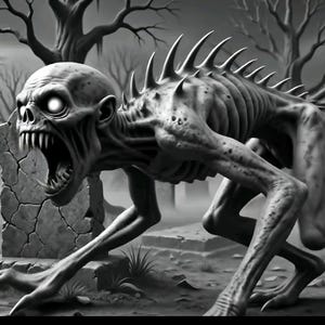 May include: A black and white illustration of a skeletal, hunched creature with glowing eyes, sharp teeth, and a spiked spine, positioned in a graveyard with weathered tombstones and bare, leafless trees under a dark, misty, and overcast sky.