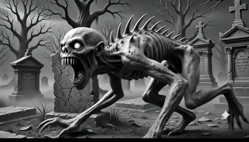 May include: A black and white illustration of a skeletal, hunched creature with glowing eyes, sharp teeth, and a spiked spine, positioned in a graveyard with weathered tombstones and bare, leafless trees under a dark, misty, and overcast sky.