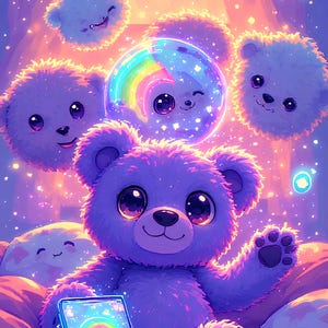May include: A whimsical illustration features a purple teddy bear holding a glowing tablet with a rainbow. Surrounding the bear are fluffy, smiling creatures and a rainbow-filled bubble. The background is a soft, dreamy scene with a full moon.