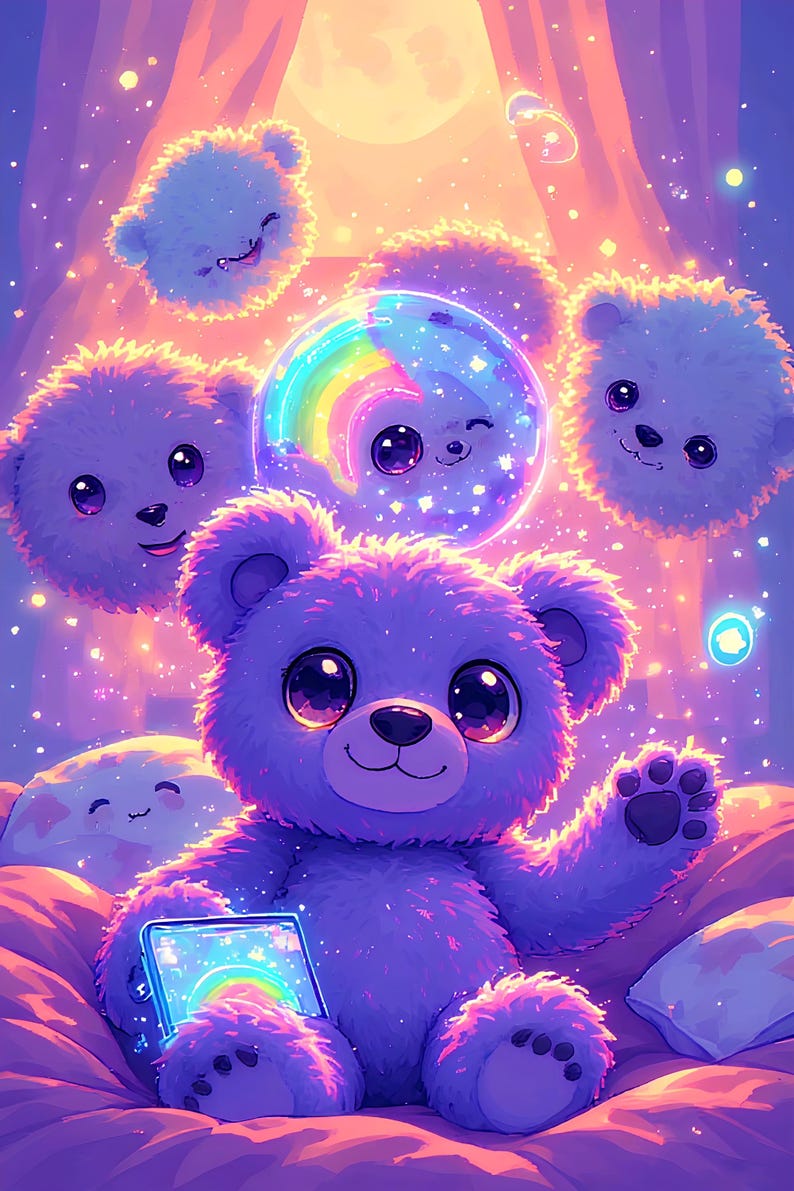 May include: A whimsical illustration features a purple teddy bear holding a glowing tablet with a rainbow. Surrounding the bear are fluffy, smiling creatures and a rainbow-filled bubble. The background is a soft, dreamy scene with a full moon.