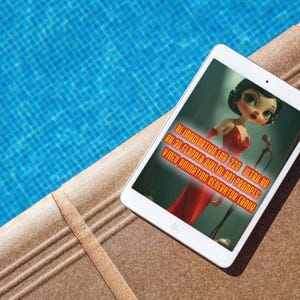 Op de afbeelding: Een witte tablet met een cartoon flapper girl in een rode jurk, liggend op een bruin oppervlak naast een blauw zwembad. De tekst op het scherm luidt: "AI IMAGINATION LAB 220 ULTRA HD..." De tablet is schuin geplaatst.