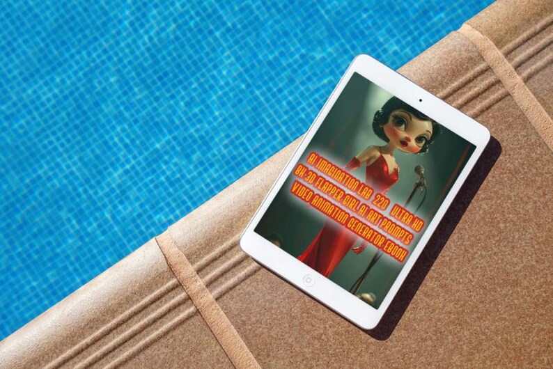 Op de afbeelding: Een witte tablet met een cartoon flapper girl in een rode jurk, liggend op een bruin oppervlak naast een blauw zwembad. De tekst op het scherm luidt: "AI IMAGINATION LAB 220 ULTRA HD..." De tablet is schuin geplaatst.