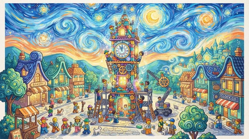 Puede incluir: Una ilustraci&oacute;n vibrante y detallada de una plaza con una torre de reloj central bajo un cielo nocturno estrellado y giratorio. Numerosas figuras peque&ntilde;as trabajan en la construcci&oacute;n alrededor de la torre, rodeadas de tiendas coloridas.