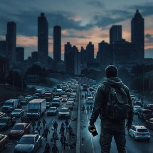 May include: A person wearing a dark hooded jacket and a backpack stands on a ledge overlooking a congested highway at dusk. The individual holds a small, rectangular black device in their right hand while people walk between rows of stopped cars.
