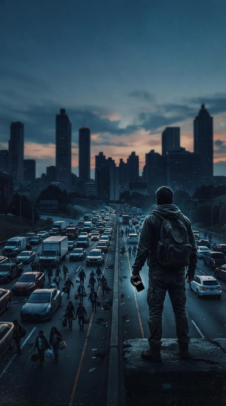 May include: A person wearing a dark hooded jacket and a backpack stands on a ledge overlooking a congested highway at dusk. The individual holds a small, rectangular black device in their right hand while people walk between rows of stopped cars.