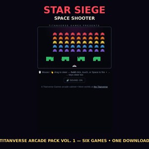 May include: The Star Siege Space Shooter arcade game interface features rows of colorful pixelated alien enemies in red, yellow, blue, and purple above green defensive barriers. Text includes Titanverse Games, game controls, and the title Star Siege Space Shooter.