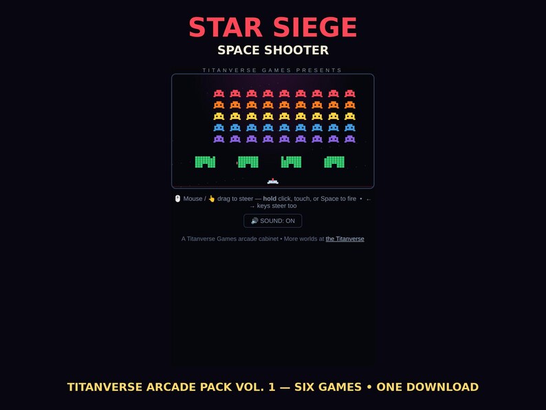 May include: The Star Siege Space Shooter arcade game interface features rows of colorful pixelated alien enemies in red, yellow, blue, and purple above green defensive barriers. Text includes Titanverse Games, game controls, and the title Star Siege Space Shooter.