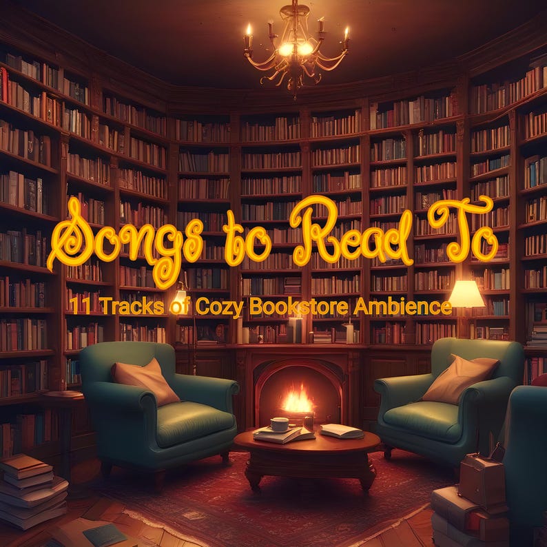May include: An inviting library scene with the text "Songs to Read To" in yellow script. The image features a cozy ambiance with bookshelves, armchairs, a fireplace, and a small table. The text below reads "11 Tracks of Cozy Bookstore Ambience".