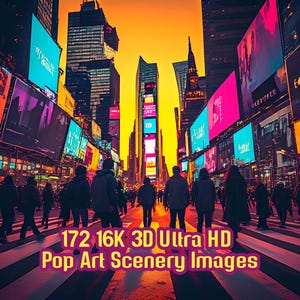 May include: A vibrant pop art cityscape at dusk, featuring illuminated billboards and a crosswalk filled with silhouetted figures. The image includes the text "172 16K 3D Ultra HD Pop Art Scenery Images."