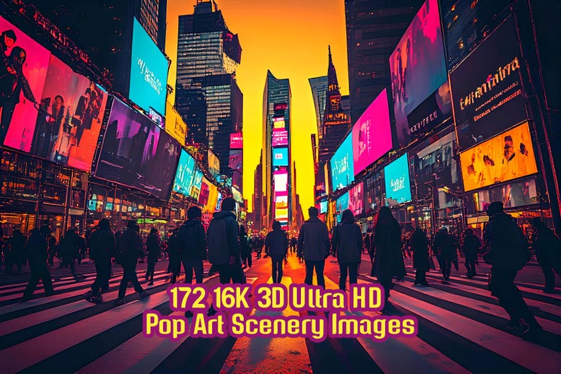 May include: A vibrant pop art cityscape at dusk, featuring illuminated billboards and a crosswalk filled with silhouetted figures. The image includes the text "172 16K 3D Ultra HD Pop Art Scenery Images."