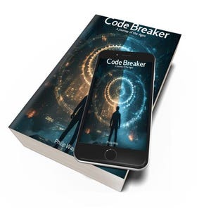 May include: A hardcover book and a smartphone displaying the same cover art. The book and phone feature the title "Code Breaker" and a silhouette of a person. The cover art has a blue and gold color scheme with a circular design.