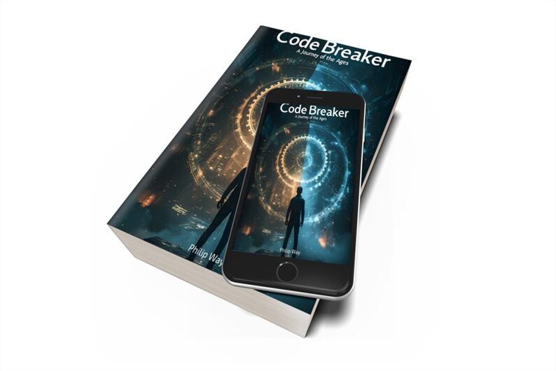 May include: A hardcover book and a smartphone displaying the same cover art. The book and phone feature the title "Code Breaker" and a silhouette of a person. The cover art has a blue and gold color scheme with a circular design.