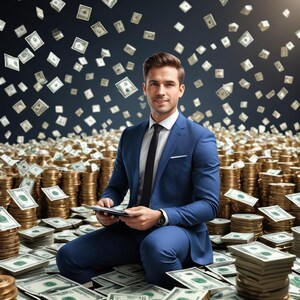 May include: A man in a blue suit sits on a pile of money, holding a tablet. He is surrounded by stacks of cash and coins. The background is a dark blue with dollar bills falling from the sky.