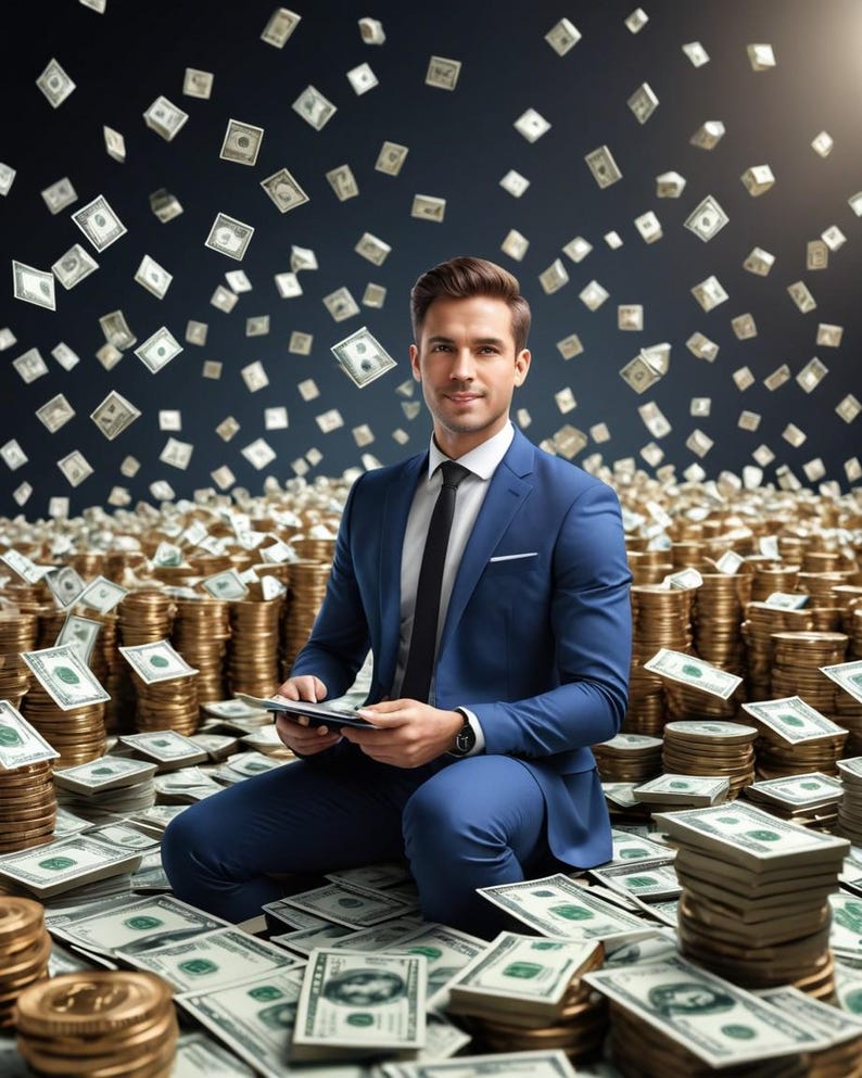 May include: A man in a blue suit sits on a pile of money, holding a tablet. He is surrounded by stacks of cash and coins. The background is a dark blue with dollar bills falling from the sky.