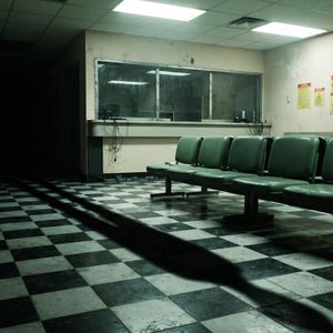 May include: A waiting room featuring a row of green plastic chairs arranged on a black and white chequered floor. The room includes a reception window with a glass partition, beige walls with posted signs, a wall clock, and overhead fluorescent lighting.