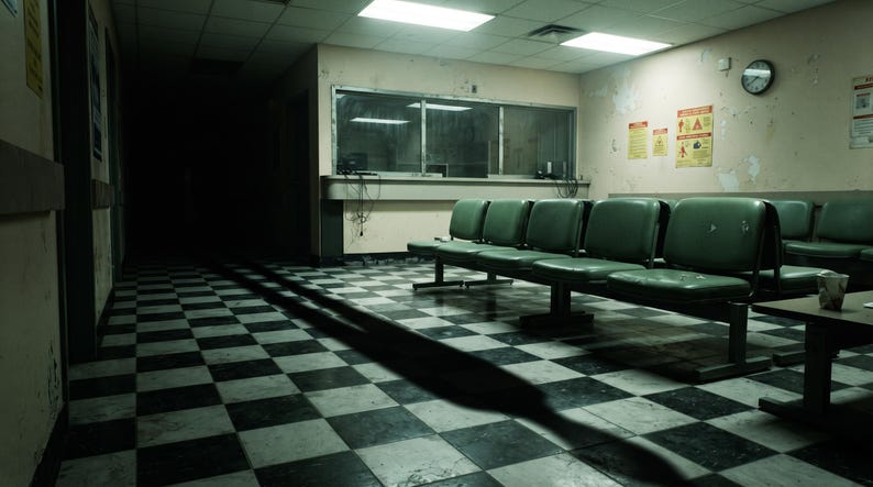 May include: A waiting room featuring a row of green plastic chairs arranged on a black and white chequered floor. The room includes a reception window with a glass partition, beige walls with posted signs, a wall clock, and overhead fluorescent lighting.