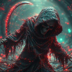 Puede incluir: Ilustraci&oacute;n digital de una figura de la Parca con rostro esquel&eacute;tico y capa con capucha negra. La figura sostiene una guada&ntilde;a curva y est&aacute; rodeada de part&iacute;culas rojas y verde azulado brillantes, creando una atm&oacute;sfera oscura y ominosa.