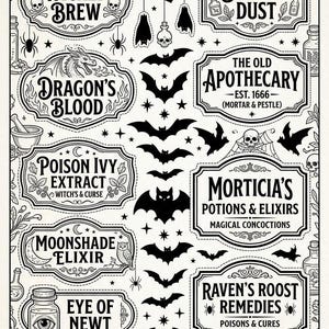 May include: A black and white punch-out papercraft collection titled Spooky Apothecary. The sheet features various decorative labels with names like Wicked Brew, Death's Dust, Dragon's Blood, and Eye of Newt, alongside illustrations of bats, spiders, and skulls.
