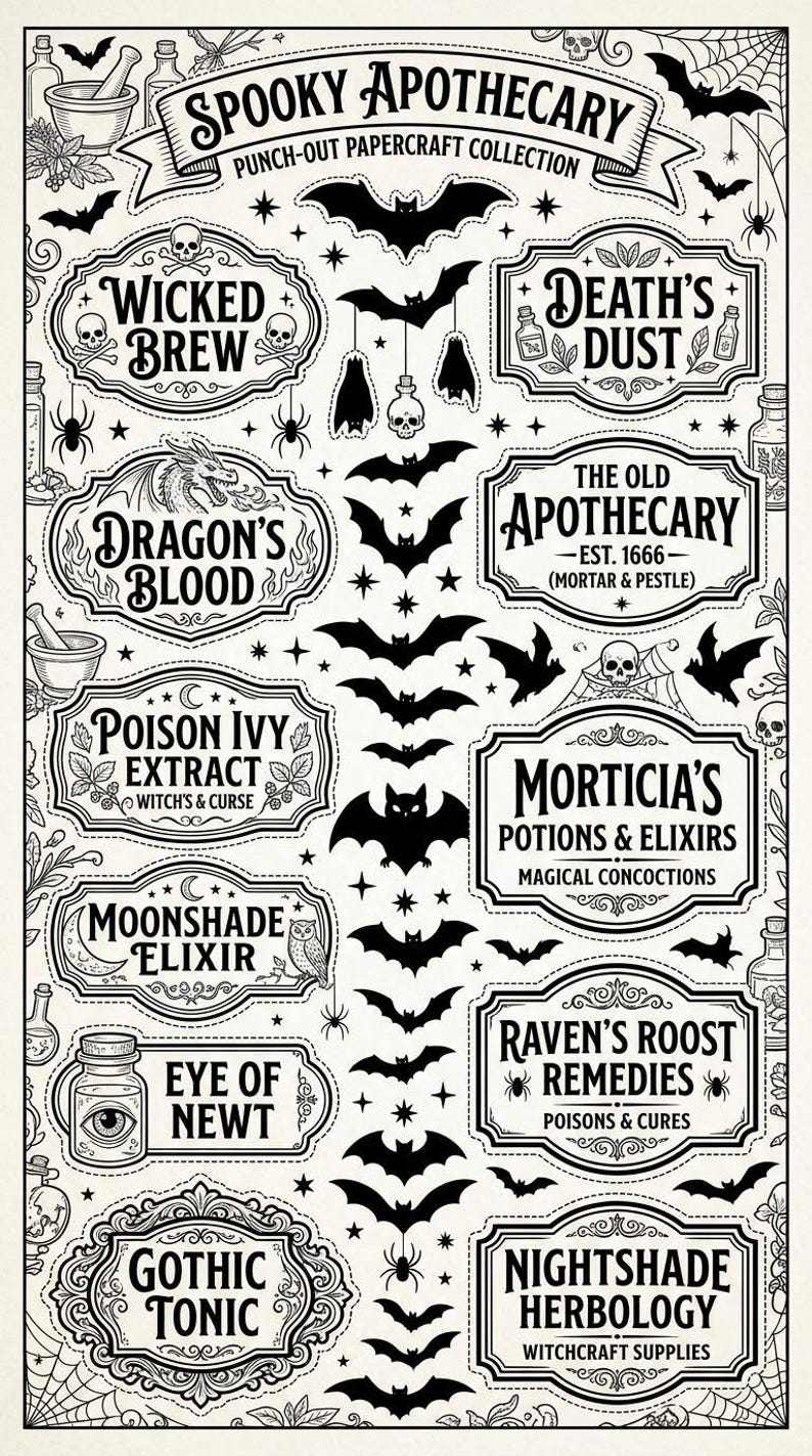 May include: A black and white punch-out papercraft collection titled Spooky Apothecary. The sheet features various decorative labels with names like Wicked Brew, Death's Dust, Dragon's Blood, and Eye of Newt, alongside illustrations of bats, spiders, and skulls.