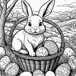 May include: A black and white illustration of a rabbit sitting in a basket filled with Easter eggs. The rabbit is smiling and has long ears. The basket is woven and has a handle. The eggs are decorated with different patterns.