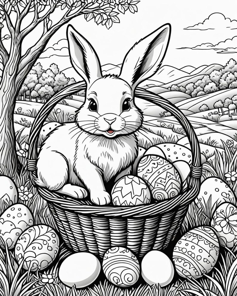 May include: A black and white illustration of a rabbit sitting in a basket filled with Easter eggs. The rabbit is smiling and has long ears. The basket is woven and has a handle. The eggs are decorated with different patterns.
