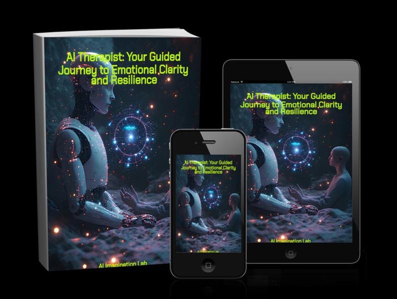 May include: A book, tablet, and smartphone display the cover of "AI Therapist: Your Guided Journey to Emotional Clarity and Resilience." The cover art features a futuristic robot and a person in a meditative pose, set against a starry background. The book is on the left.