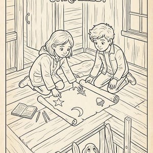 Puede incluir: Una p&aacute;gina para colorear en blanco y negro titulada THE MAP OF WHISPERS UNROLLED! que muestra a dos ni&ntilde;os arrodillados en un suelo de madera examinando un pergamino con s&iacute;mbolos de estrella, luna y bellota. Un perro mira desde una escalera.