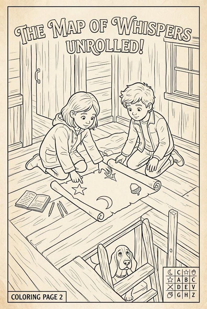 Puede incluir: Una p&aacute;gina para colorear en blanco y negro titulada THE MAP OF WHISPERS UNROLLED! que muestra a dos ni&ntilde;os arrodillados en un suelo de madera examinando un pergamino con s&iacute;mbolos de estrella, luna y bellota. Un perro mira desde una escalera.