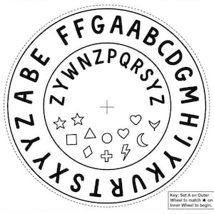 May include: A circular cipher wheel featuring an outer ring with black letters and an inner ring with letters and symbols including stars, hearts, a moon, a lightning bolt, and geometric shapes. Text reads: Key: Set A on Outer Wheel to match star on Inner Wheel to begin.