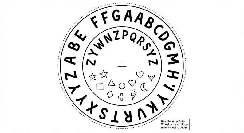 May include: A circular cipher wheel featuring an outer ring with black letters and an inner ring with letters and symbols including stars, hearts, a moon, a lightning bolt, and geometric shapes. Text reads: Key: Set A on Outer Wheel to match star on Inner Wheel to begin.
