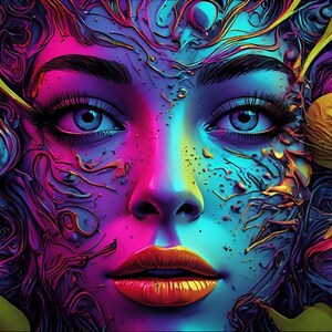 May include: A digital art portrait of a woman's face in a psychedelic style. The artwork uses a vibrant colour palette of pink, blue, yellow, and purple. The woman's eyes are bright blue, and her lips are a deep red.