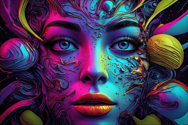 May include: A digital art portrait of a woman's face in a psychedelic style. The artwork uses a vibrant colour palette of pink, blue, yellow, and purple. The woman's eyes are bright blue, and her lips are a deep red.