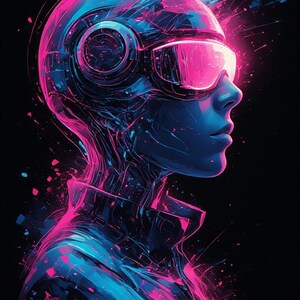 May include: Digital art portrait of a person in profile, rendered in vibrant blue and pink hues. The figure wears futuristic eyewear and a helmet, with dynamic light effects suggesting movement and technology against a black background.