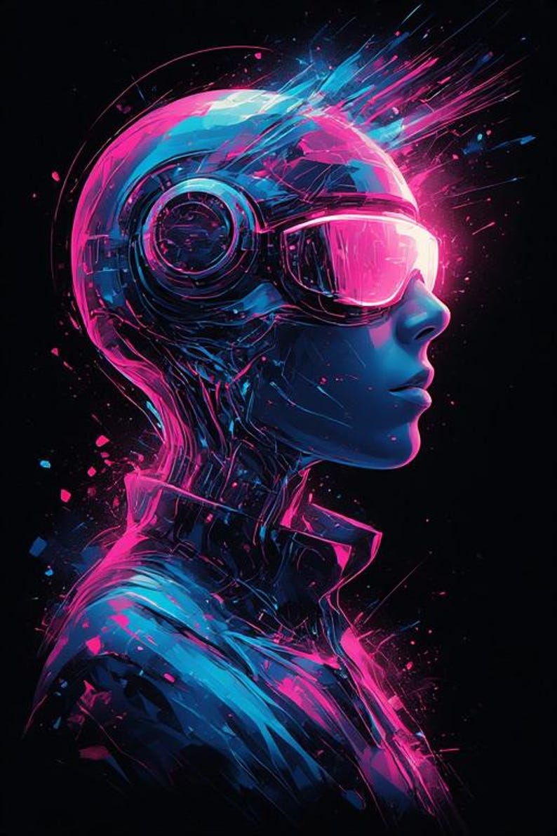 May include: Digital art portrait of a person in profile, rendered in vibrant blue and pink hues. The figure wears futuristic eyewear and a helmet, with dynamic light effects suggesting movement and technology against a black background.