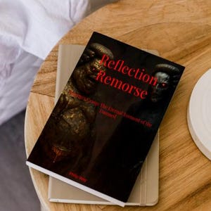 May include: A book titled "Reflection Remorse" with a dark cover featuring demonic figures and red text. The book is resting on a light-colored notebook on a wooden table, with a white sheet in the background.