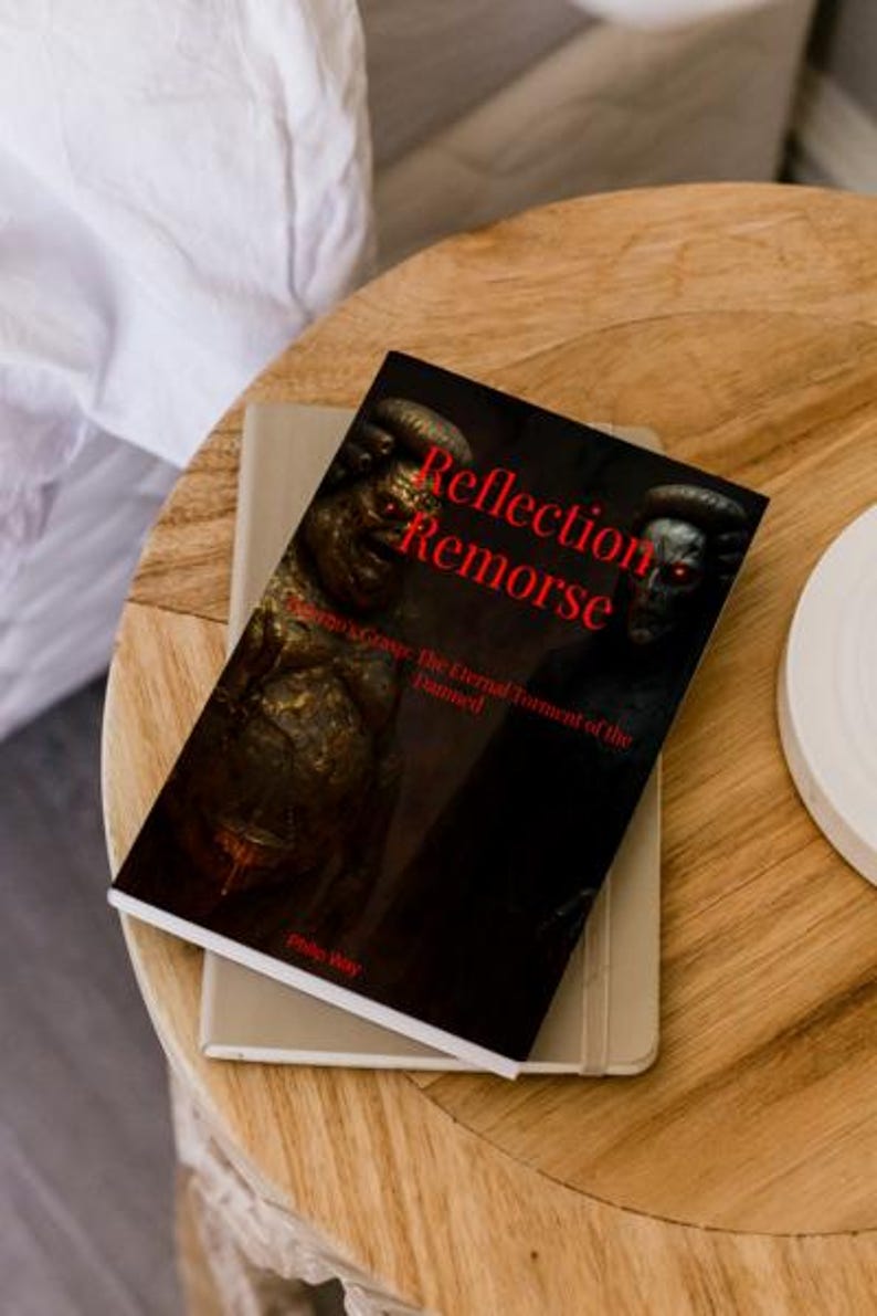 May include: A book titled "Reflection Remorse" with a dark cover featuring demonic figures and red text. The book is resting on a light-colored notebook on a wooden table, with a white sheet in the background.