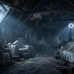 May include: An attic interior featuring multiple pieces of furniture covered in light-coloured fabric sheets. The space has dark wooden beams, a sloped ceiling, and two windows allowing beams of light to illuminate the dusty, cluttered room.