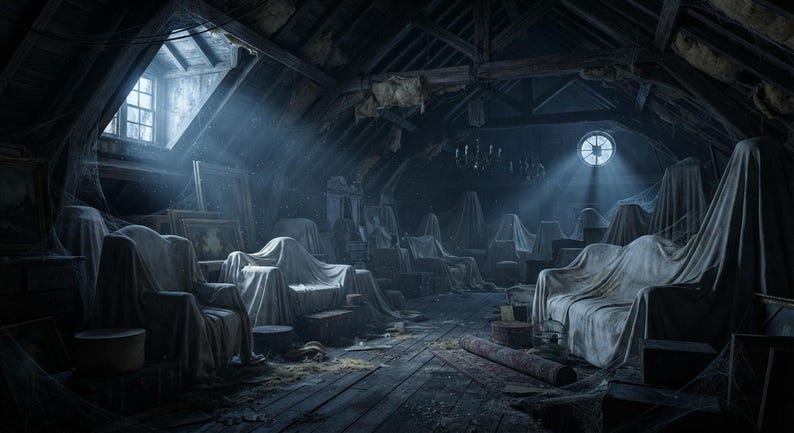 May include: An attic interior featuring multiple pieces of furniture covered in light-coloured fabric sheets. The space has dark wooden beams, a sloped ceiling, and two windows allowing beams of light to illuminate the dusty, cluttered room.