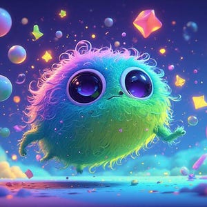 Op de afbeelding: Een grillige illustratie van een pluizig, kleurrijk wezen met grote, expressieve ogen. Het wezen wordt omringd door zwevende bollen, sterren en bellen tegen een blauwe gradi&euml;nt achtergrond. Het kleurenpalet bevat levendige tinten roze, blauw, groen en geel.