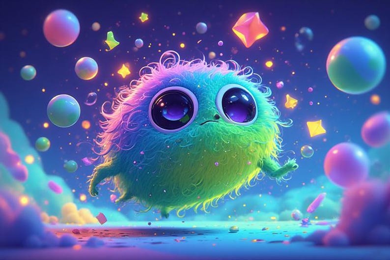 Op de afbeelding: Een grillige illustratie van een pluizig, kleurrijk wezen met grote, expressieve ogen. Het wezen wordt omringd door zwevende bollen, sterren en bellen tegen een blauwe gradi&euml;nt achtergrond. Het kleurenpalet bevat levendige tinten roze, blauw, groen en geel.