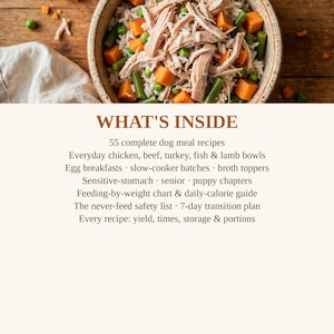 May include: A bowl of shredded meat, rice, peas, and carrots sits above text that reads: WHAT'S INSIDE, 55 complete dog meal recipes, Everyday chicken, beef, turkey, fish & lamb bowls, Egg breakfasts, slow-cooker batches, broth toppers.