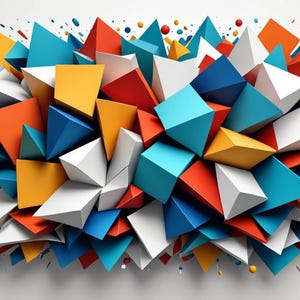 May include: Abstract geometric background with a cluster of colorful 3D shapes. The shapes are arranged in a chaotic pattern and appear to be exploding outwards. The colors are bright and vibrant, including red, orange, yellow, blue, and white.
