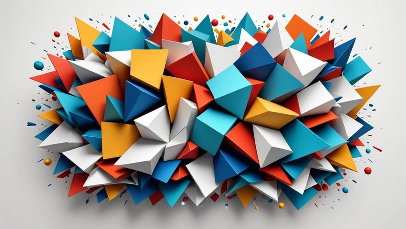 May include: Abstract geometric background with a cluster of colorful 3D shapes. The shapes are arranged in a chaotic pattern and appear to be exploding outwards. The colors are bright and vibrant, including red, orange, yellow, blue, and white.