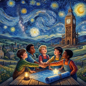 Puede incluir: Una ilustraci&oacute;n digital de cinco ni&ntilde;os de pie alrededor de una mesa de madera en un campo de flores silvestres, tomados de la mano sobre un plano arquitect&oacute;nico azul. Un farol encendido descansa sobre la mesa bajo un cielo estrellado y un reloj.