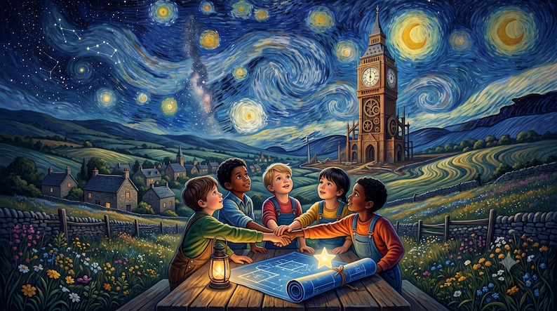 Puede incluir: Una ilustraci&oacute;n digital de cinco ni&ntilde;os de pie alrededor de una mesa de madera en un campo de flores silvestres, tomados de la mano sobre un plano arquitect&oacute;nico azul. Un farol encendido descansa sobre la mesa bajo un cielo estrellado y un reloj.