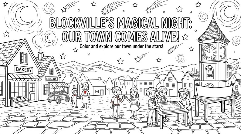 Puede incluir: Una p&aacute;gina para colorear en blanco y negro titulada BLOCKVILLE'S MAGICAL NIGHT: OUR TOWN COMES ALIVE! que muestra una plaza con una panader&iacute;a, una torre de reloj y ni&ntilde;os. El cielo est&aacute; lleno de estrellas, lunas y cometas brillantes.
