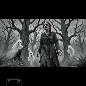 May include: A black and white illustration of a person with long braided hair wearing a tattered, long-sleeved dress with a lace-up bodice and belt, standing in a forest with several translucent, glowing ghosts and a black cat on a tree stump.