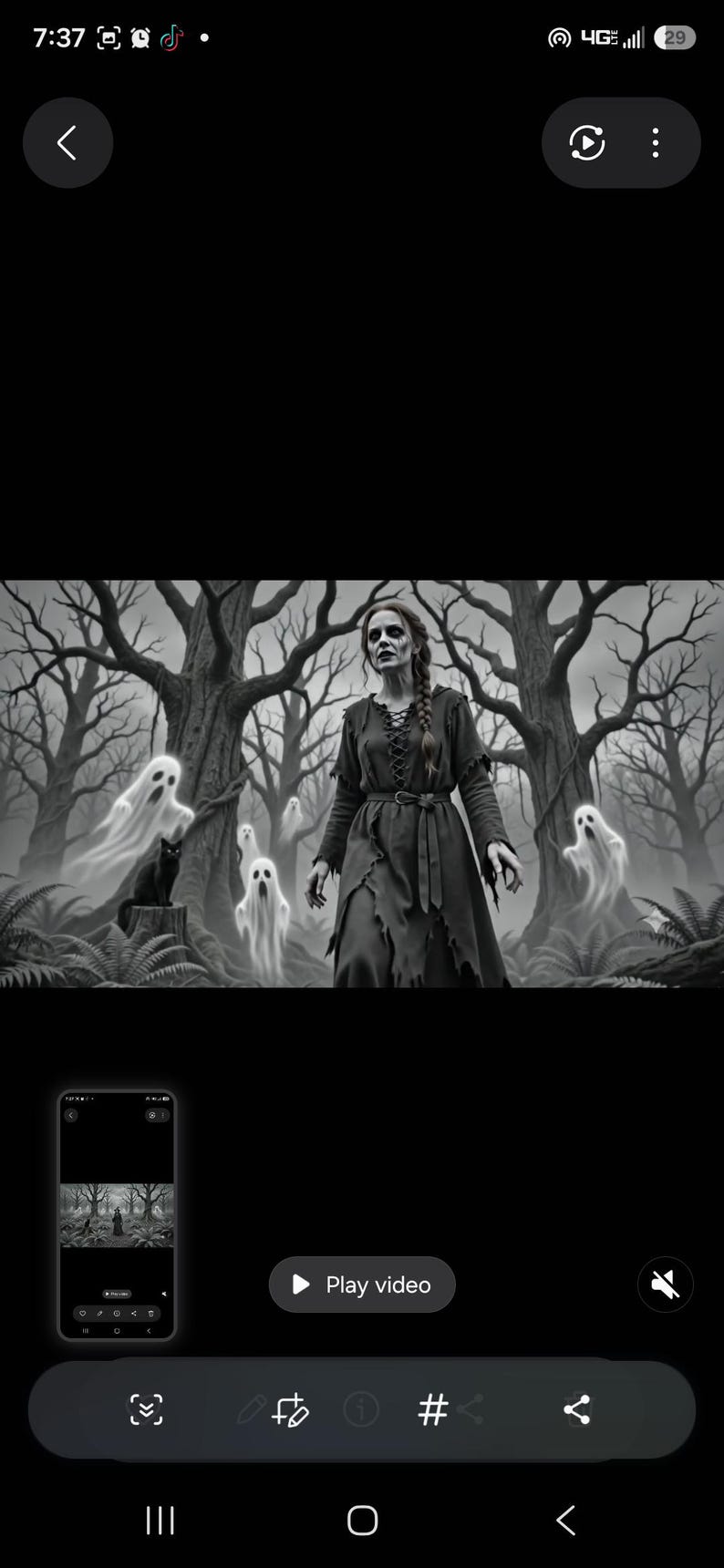 May include: A black and white illustration of a person with long braided hair wearing a tattered, long-sleeved dress with a lace-up bodice and belt, standing in a forest with several translucent, glowing ghosts and a black cat on a tree stump.